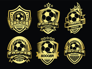 Group of golden soccer logo or label set