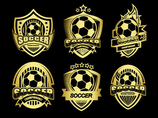 Group of golden soccer logo or label set