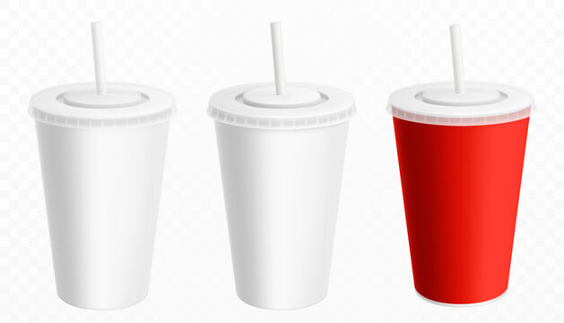 Soda drink plastic or paper cup with drinking straw, vector realistic 3d white disposable package mockup. Soda, juice or ice tea, fastfood soft drinks and beverage plastic cup with closed lid