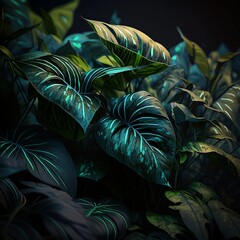 Dark Green and bluish Jungle Leaf. Created with Generative AI Technology