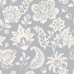 Seamless floral pattern. Climbing flowers wallpaper. Stylised plants, monochrome background. Design for wrapping paper, textile, fabric, wedding invitations, cover phone, web, rug, carpet. Vector art - 593291969