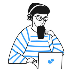 Young man wearing headphones, drinking coffee and working on laptop flat vector illustration