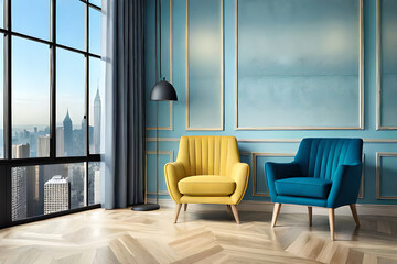 Modern interior, bright yellow chair in a living room with a blue wall and a lamp