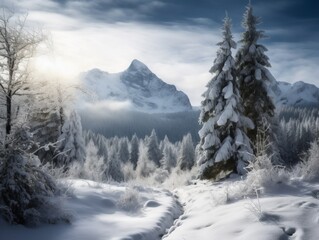 A winter wonderland scene with snow-covered trees and a mountain backdrop