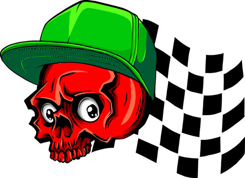 recommend clip art: vector illustration of skull with hat and racing flag on white background. digital draw