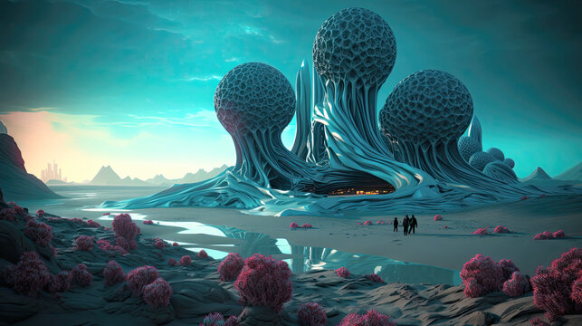alien planet landscape with weird buildings. Generative AI image.