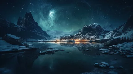 Rolgordijnen Mystic Foggy River Water Surreal Space Landscape. Surreal landscape of the bright full star reflecting on river water with planets in space. Generative AI. © Absent Satu