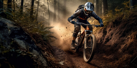 Fototapeta na wymiar Mountainbiker Mountainbiking im Wald Trail Sommer Winter Illustration Digital Art Generative AI Hintergrund Sport Leistung Action