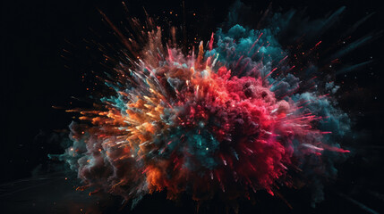 Colored powder explosion on black background. Freeze motion.