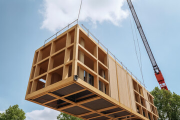 Wooden building module is raised by a crane and placed into the framework. Berlin office building under construction. Modular wood construction. High quality generative ai - obrazy, fototapety, plakaty