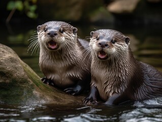A pair of otters caught in a playful moment, making silly faces