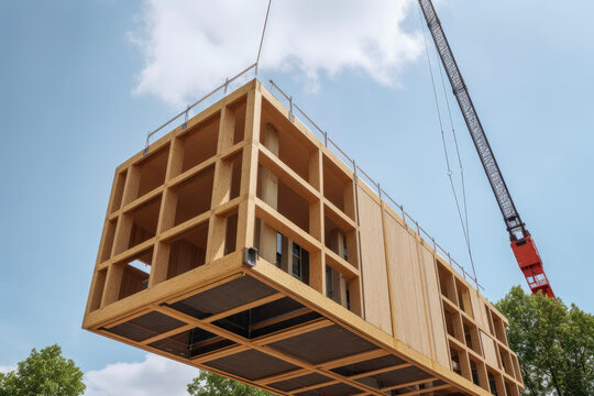 Wooden building module is raised by a crane and placed into the framework. Berlin office building under construction. Modular wood construction. High quality generative ai