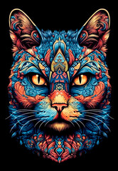 Psychedelic cat. Abstract portrait of a cat drawn by patterns. AI generated