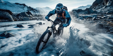 Mountainbiker Mountainbiking im Wald Trail Sommer Winter Illustration Digital Art Generative AI Hintergrund Sport Leistung Action 
