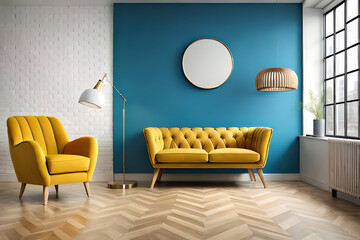 Modern interior, bright yellow chair in a living room with a blue wall and a lamp