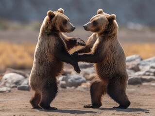 Obraz premium two bears standing on their hind legs and holding hands
