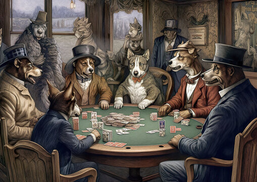Very cool animals playing poker at the poker table, illustration with a painting effect. Despite being in an unfamiliar environment, the animal feels good. AI generated illustration.