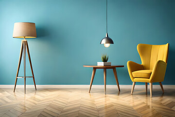 Modern interior, bright yellow chair in a living room with a blue wall and a lamp