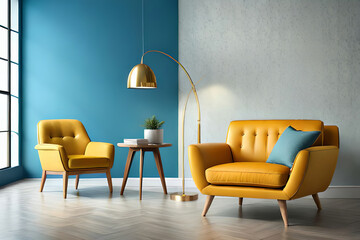Modern interior, bright yellow chair in a living room with a blue wall and a lamp