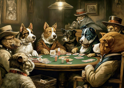 Very cool animals playing poker at the poker table, illustration with a painting effect. Despite being in an unfamiliar environment, the animal feels good. AI generated illustration.