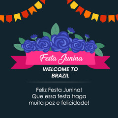 Festa Junina celebrates the background with colorful decorative flowers and garlands. 
