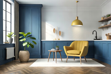 Modern interior, bright yellow chair in a living room with a blue wall and a lamp
