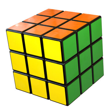Finished Rubik's Cube. Yellow, Orange and Green Sides. Combination Puzzle Invented in 1974 by Erno Rubik. Editorial Illustration