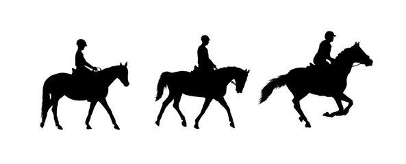 set of jockey silhouettes on horseback. Horse riding - vector illustration