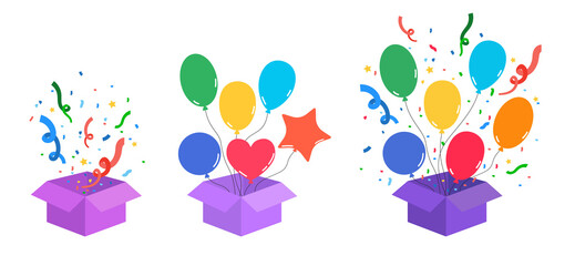 Collection of opened boxes with a bright multicolored balloons and confetti. Illustration on transparent background