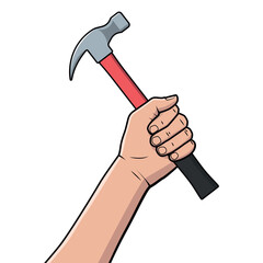 Hand with a hummer with a red handle. Vector illustration isolated on a white background