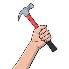 Hand with a hummer with a red handle. Illustration on transparent background