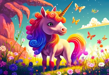 Adorable unicorn with rainbow mane and tail, mythical creature, magical horn, fantasy unicorn, illustration, generative ai