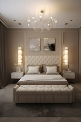 Classic style bedroom interior with modern bed in luxury house. Generative AI
