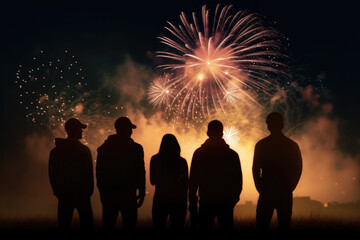 Fototapeta premium Peoples in silhouette enjoy watching amazing firework show in a festival or holiday