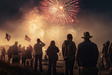 Naklejka premium Peoples in silhouette enjoy watching amazing firework show in a festival or holiday
