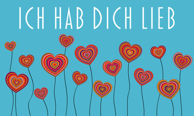 Ich hab dich lieb - Schriftzug in deutscher Sprache. Liebesnachricht mit bunten Herzen auf blauem Hintergrund.