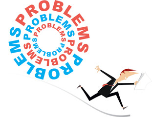 Businessman - problem concept.
Businessman running away from big pile of problems
