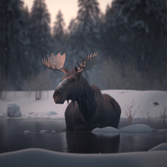 moose walking in the forest with ice