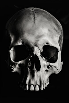 Detailed reference photo of human skull, isolated on a dark background. Generative AI. 
