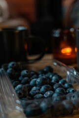 Close up of blueberry breakfast and a cup of coffee