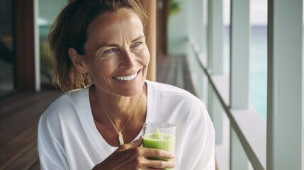 Middle aged caucasian woman with short brown hair enjoying a healthy green smoothie on a tropical spa hotel terrace, AI Generated