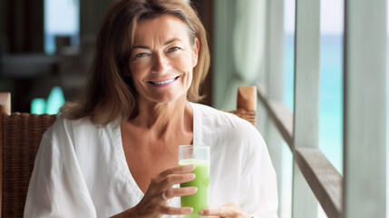 Middle aged caucasian woman with brown hair enjoying a healthy green smoothie on a tropical hotel terrace,  AI Generated - 593301108