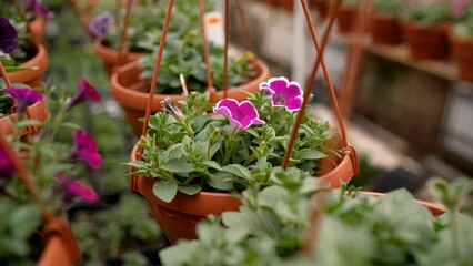 Blooming garden red petunia in a hanging basket in a greenhouse. Pot of red petunias, beautiful spring and summer flowers for home, garden, balcony or lawn, natural wallpaper.