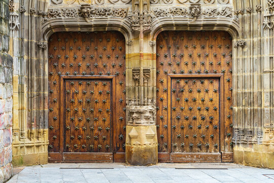 Old wooden doors Cathedral of Santiago, Bilbao, Spain.