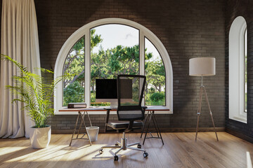 workplace with pc workstation in front of large arched windows; landscape view; bright sunlight;  remote work freelance concept; 3D Illustration