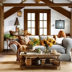 Fototapeta premium Farmhouse Living Room Interior With Sunflowers, Generative AI