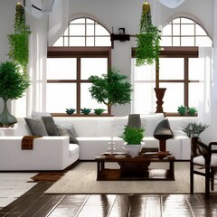 Fototapeta na wymiar Farmhouse Living Room Interior With Foilage, Generative AI