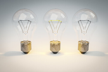 three retro style lightbulbs with glowing filament standing in a row on infinite colorful background; creativity design concept; 3D Illustration