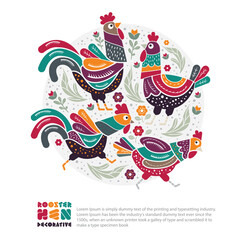 Hens and rooster animal decorative vector illustration.