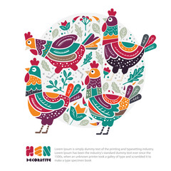 Hens and rooster animal decorative vector illustration.